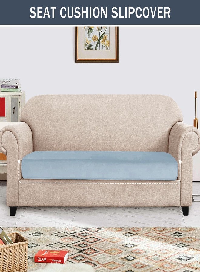 CONRUSER Stretch Cushion Cover, Soft Velvet Plush Cushion Slipcovers Loveseat Sofa Covers Couch Seat Covers Furniture Protector with Elastic Bottom (Medium, Light Blue) - Image 2